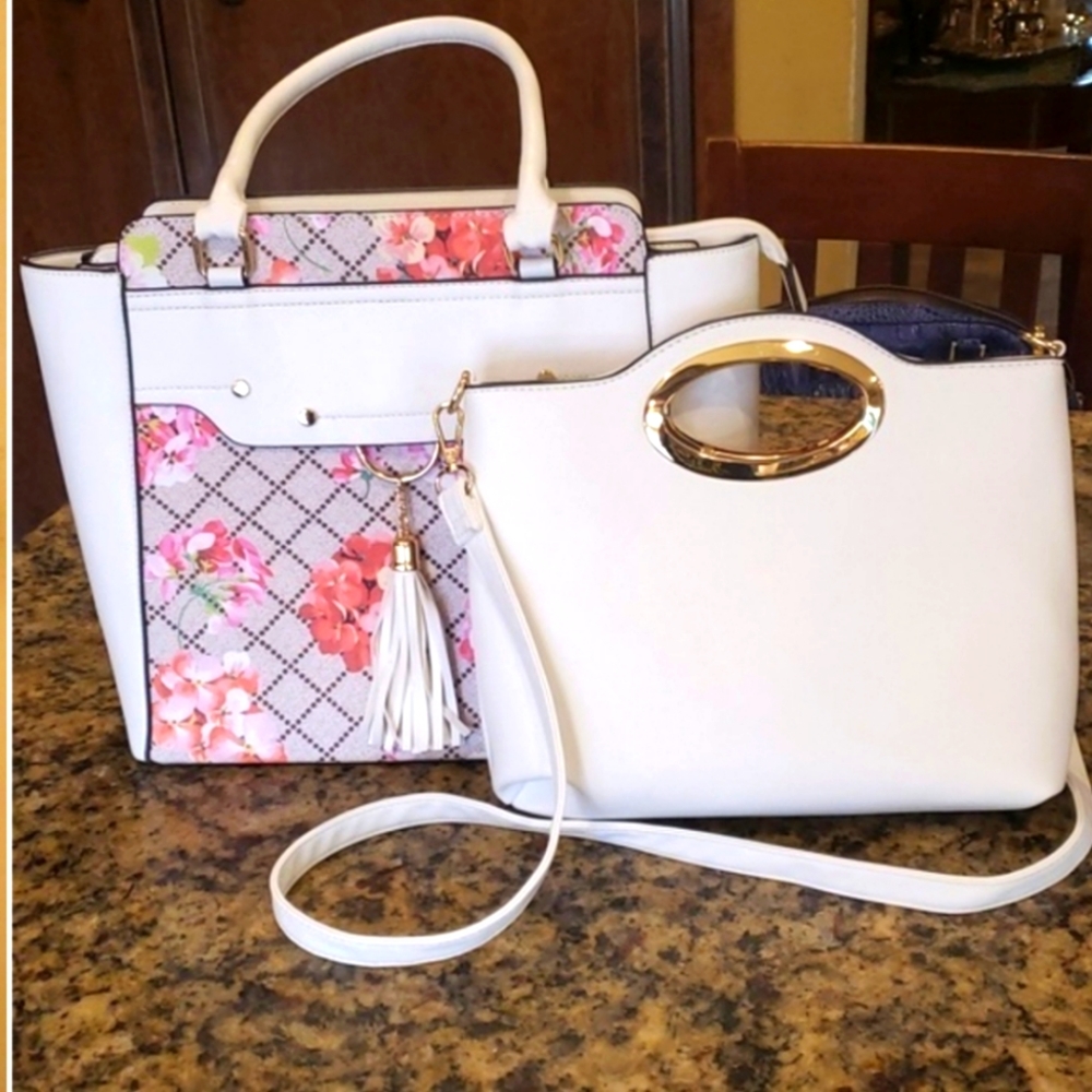 2 Cream Faux Leather 2 in 1 Summer Purses‎ Leopard Lining